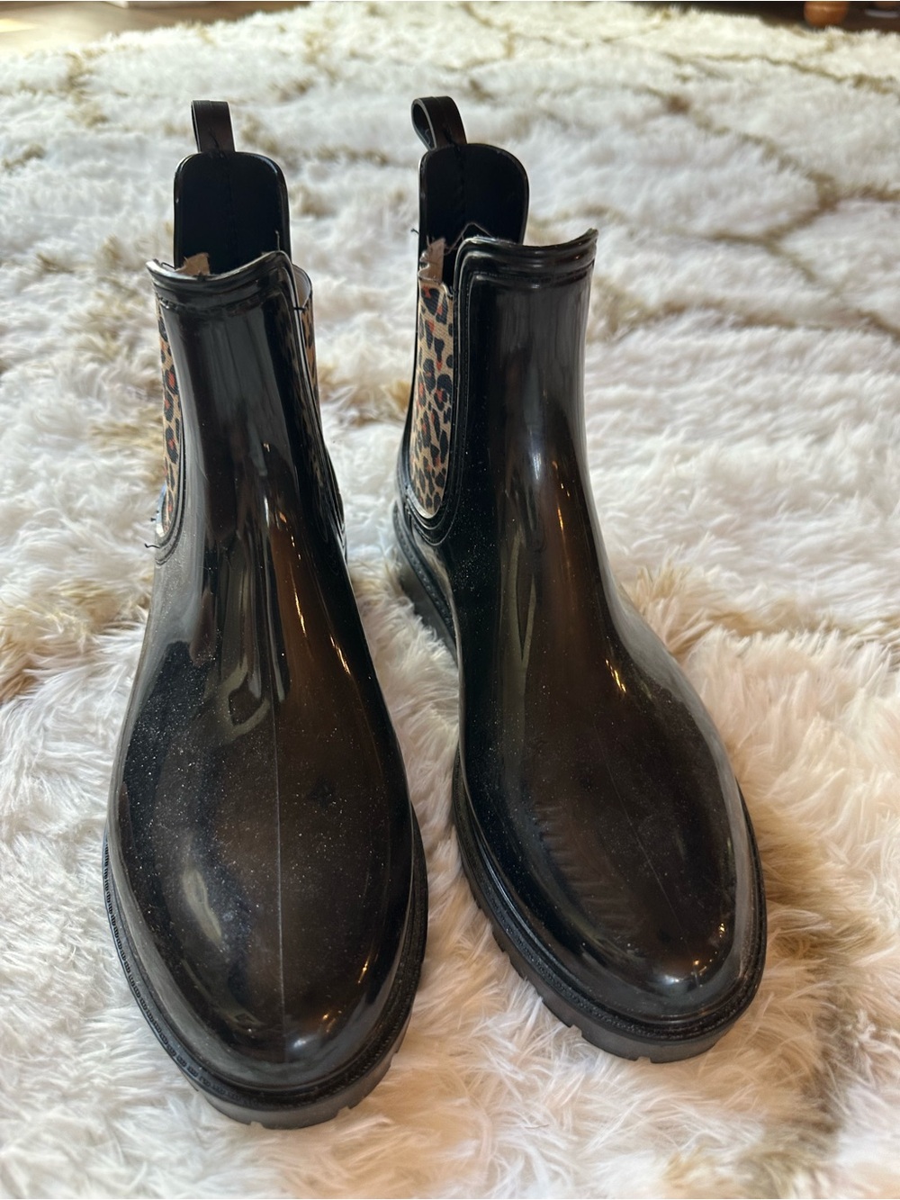 Women’s Black Rain Chelsea Boots with Leopard Elastic Panels - Picture 2 of 8